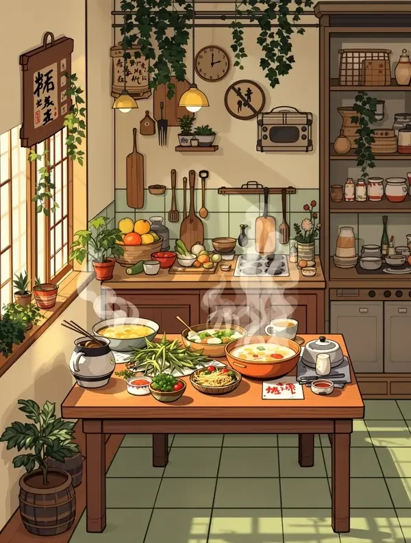 晴天厨房的营业时间完整封面插画，美食日常题材作品