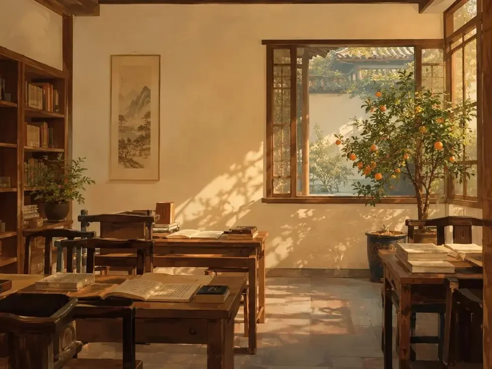 晴园阅读室 - 品牌故事主视觉 晴园老宅里的阅读室插画,木桌、稿件与院中的橙树